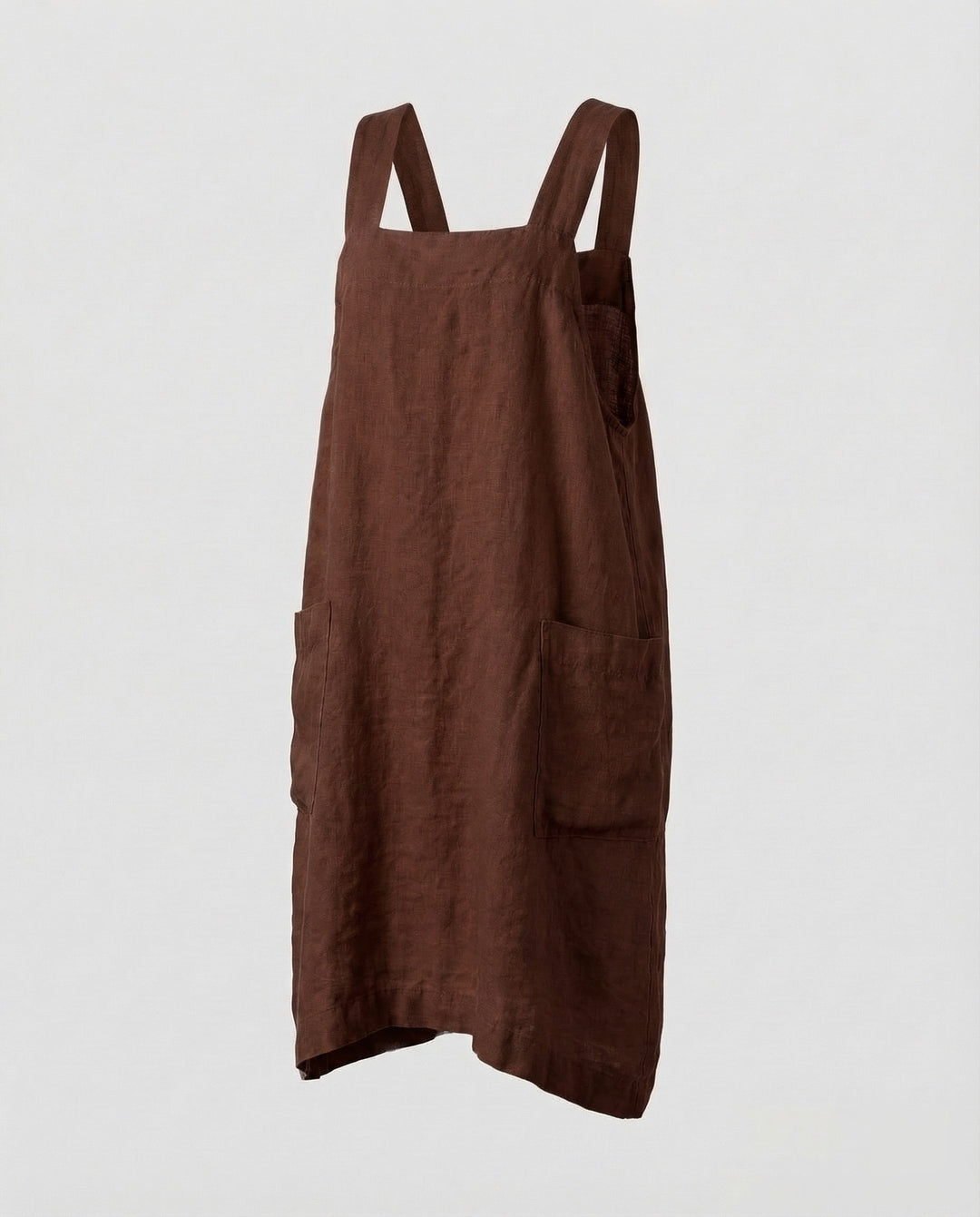 Summer-ready women's square neck overall dress, midi length with practical pockets, in a relaxed, easy-to-wear style.
