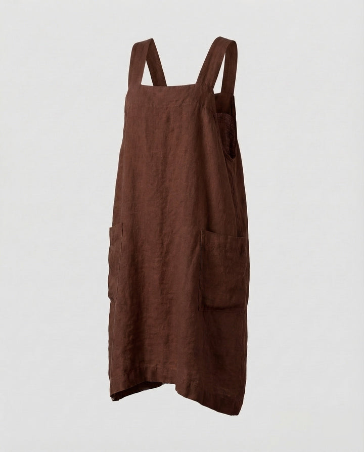 Summer-ready women's square neck overall dress, midi length with practical pockets, in a relaxed, easy-to-wear style.