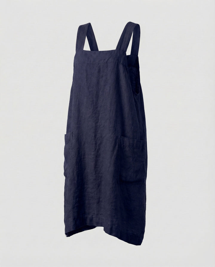 Everyday women's square neck overall dress, midi length, designed for a relaxed fit and easy summer fashion.