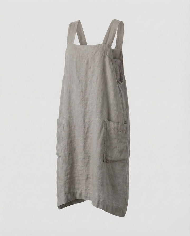 Comfortable women's overall midi dress, relaxed A-line fit, featuring a modern square neck for casual style.