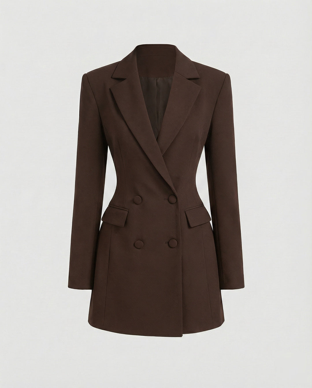 Elegant fitted women's blazer dress. Double-breasted placket, chic and sophisticated for formal events.