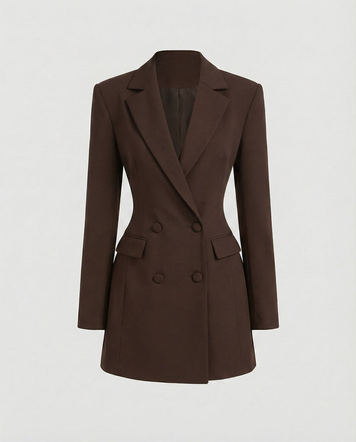 Elegant fitted women's blazer dress. Double-breasted placket, chic and sophisticated for formal events.