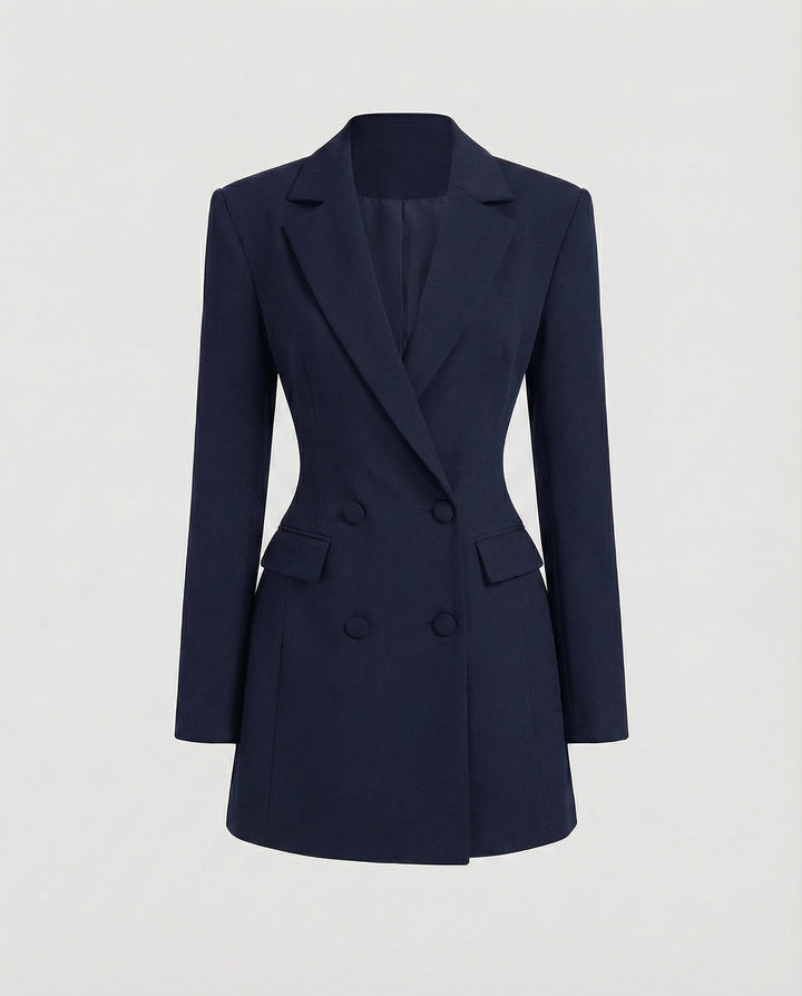 Women's blazer dress, fitted & tailored. Double-breasted style for a chic, sophisticated business or evening look.