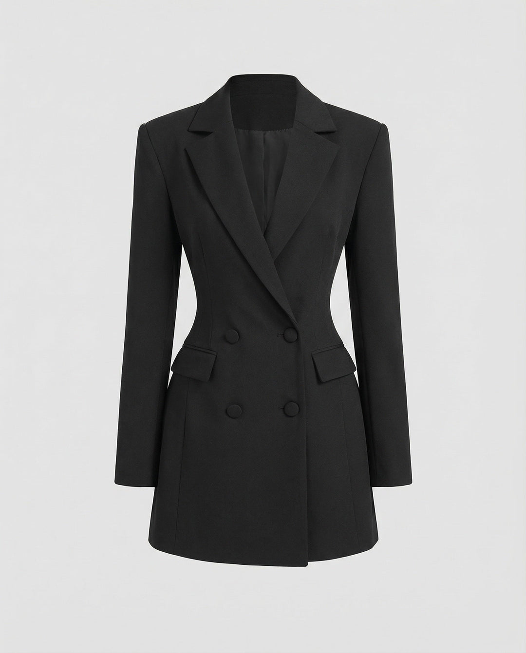 Chic women's fitted double-breasted blazer dress. Elegant and tailored for evening wear or business attire.