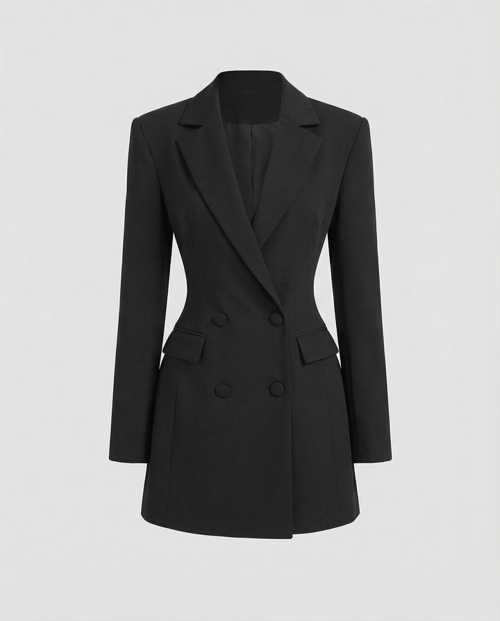 Chic women's fitted double-breasted blazer dress. Elegant and tailored for evening wear or business attire.