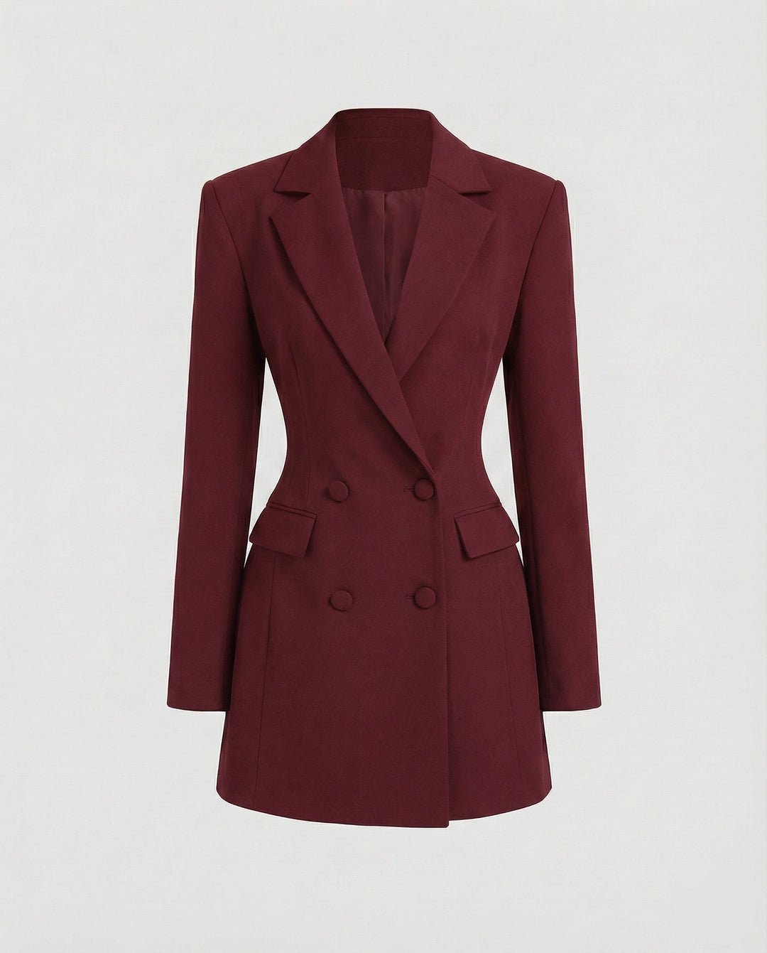 Women's tailored double-breasted blazer dress, fitted design. Sophisticated for evening wear & business.