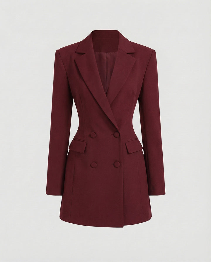 Women's tailored double-breasted blazer dress, fitted design. Sophisticated for evening wear & business.