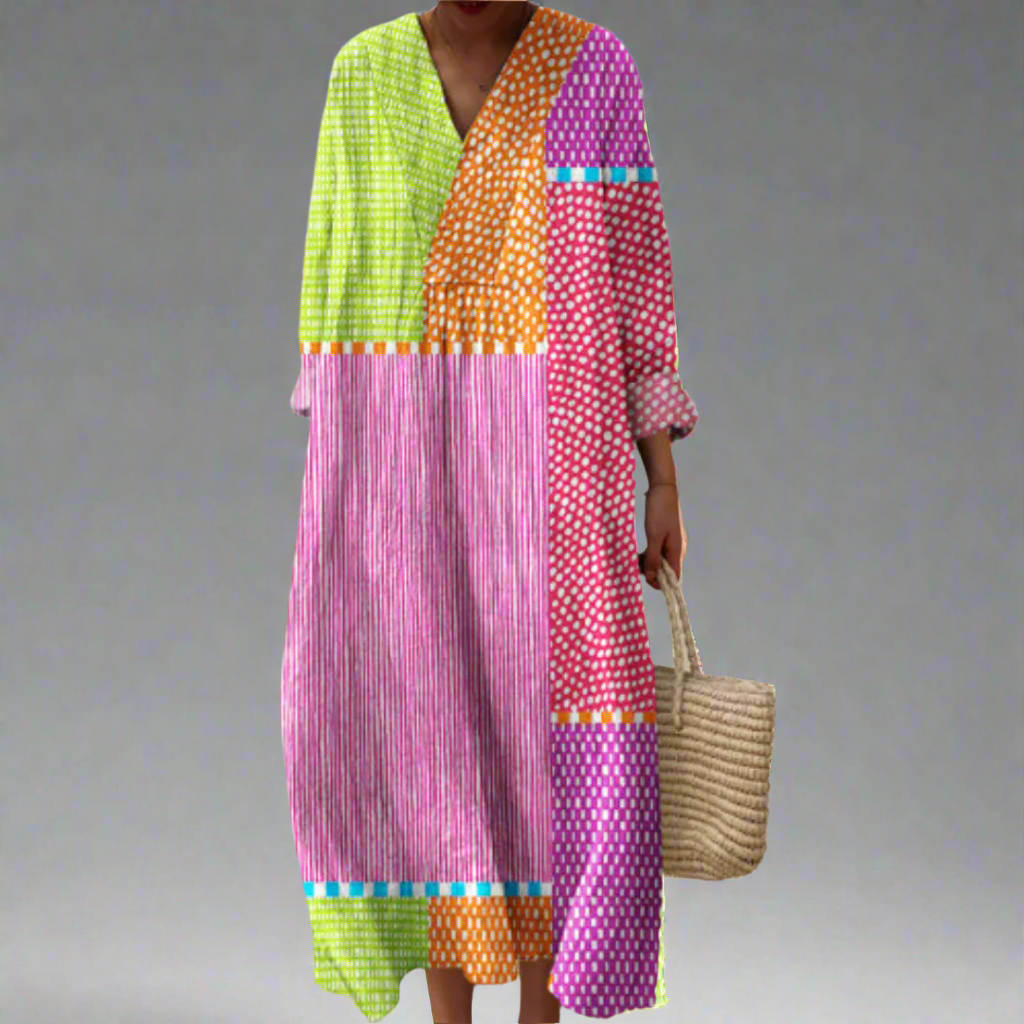 Elegant women's geometric print summer midi dress. Perfect for vacation or casual day wear, comfortable and stylish.