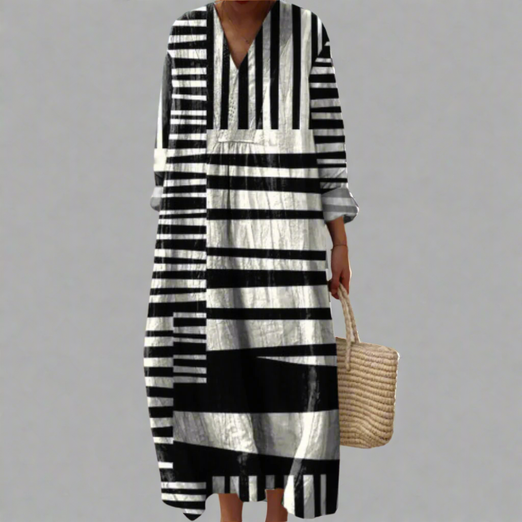 Elegant women's geometric print summer maxi dress, perfect for casual wear or holiday outfits.