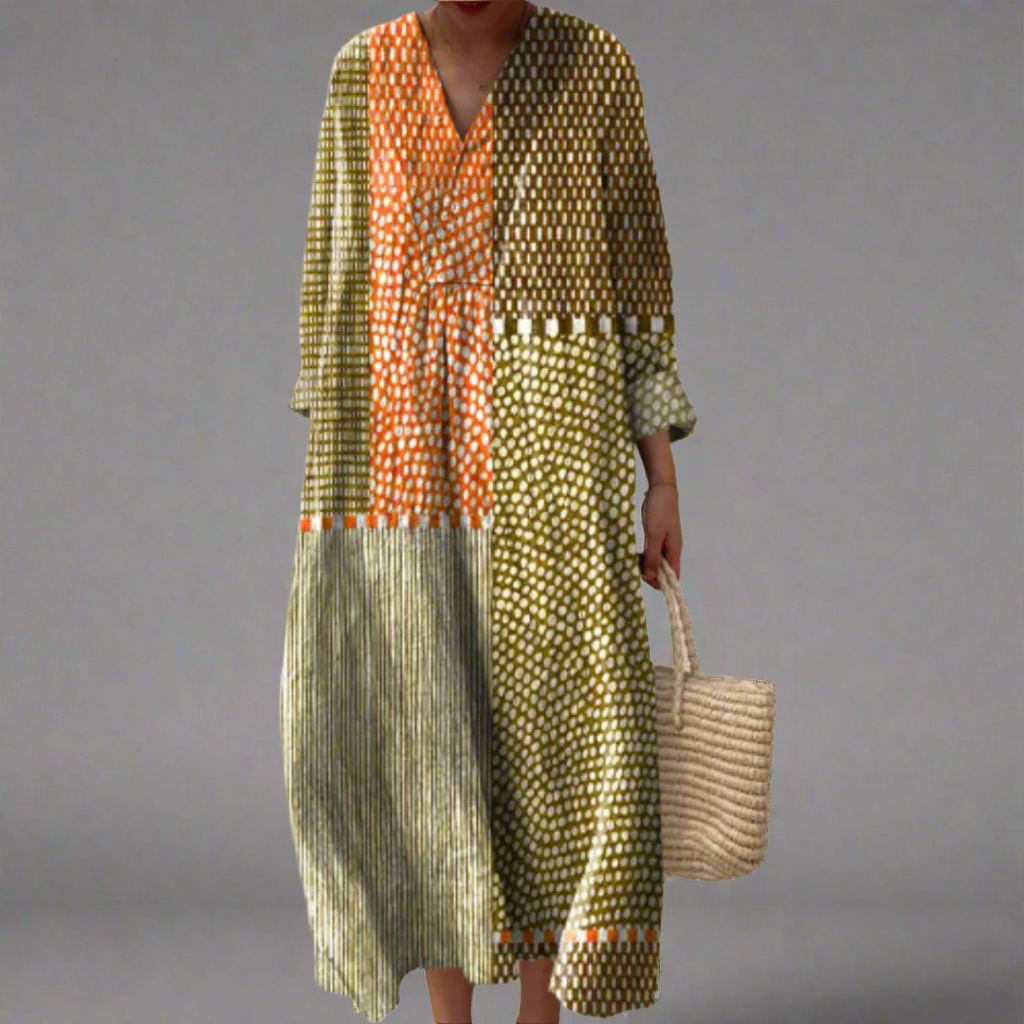 Women's elegant geometric print summer midi dress with long sleeves. Relaxed fit, perfect for casual or vacation wear.