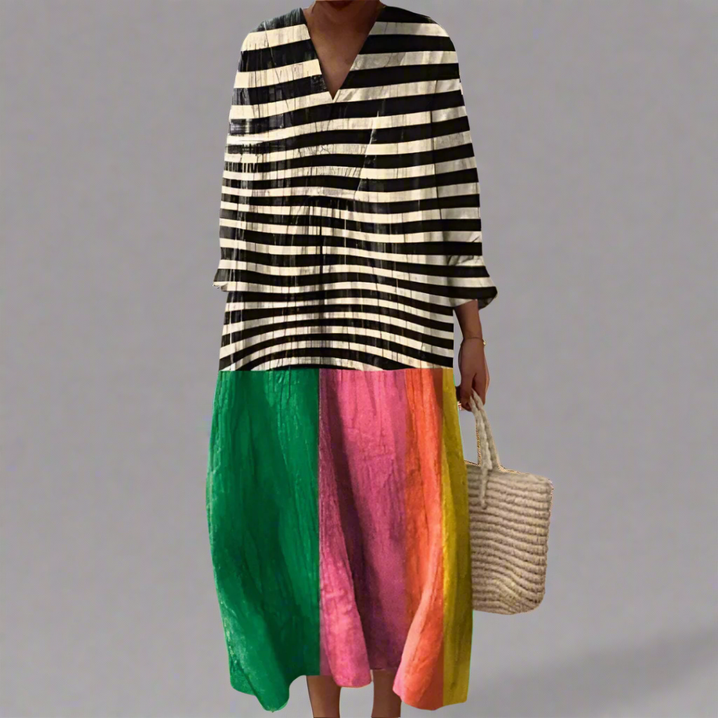 Women's elegant geometric print midi dress. Perfect for summer, holidays & casual wear. Flowy long sleeve design.