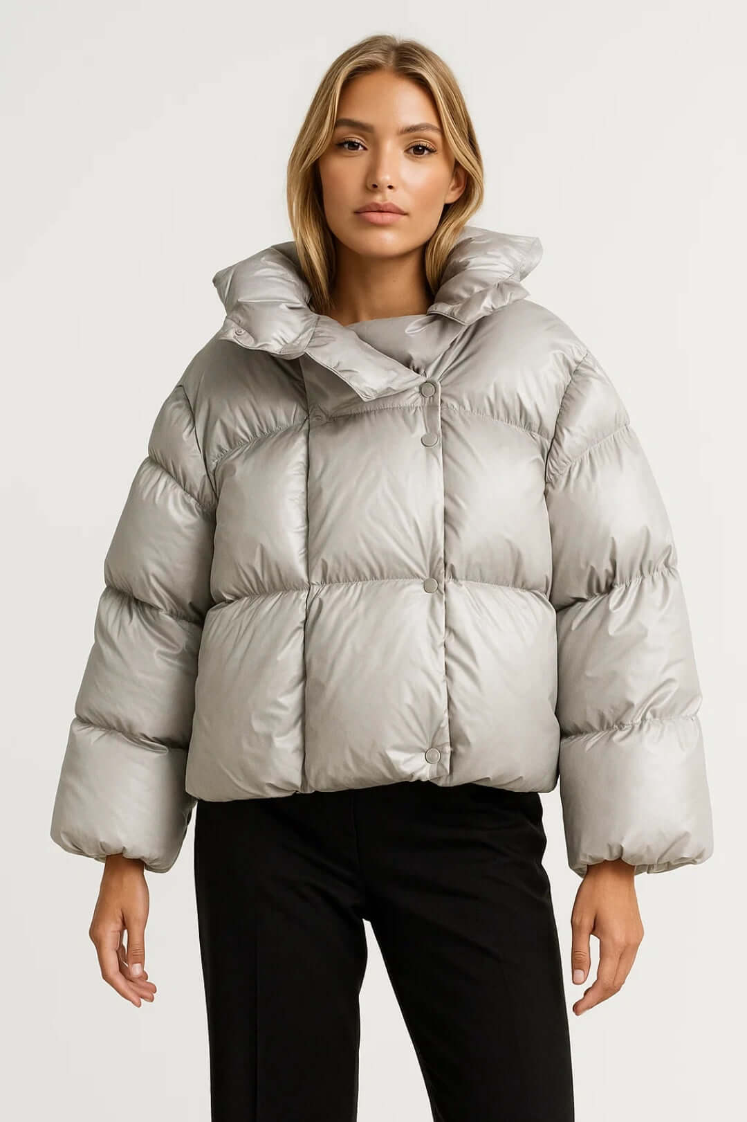 Trendy ladies' oversized puffer coat, stylish and warm, perfect for modern fashion and cold weather.