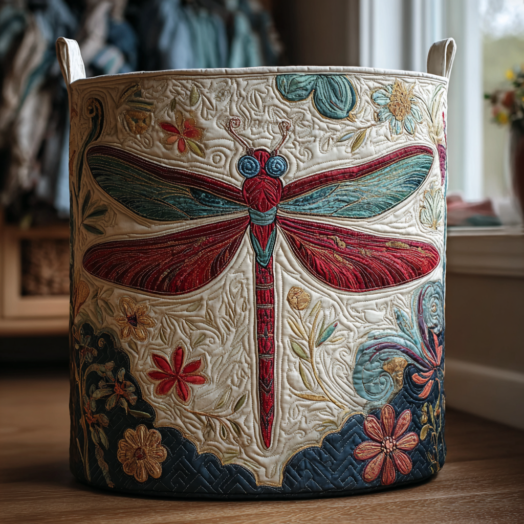 Decorative dragonfly quilted cotton blend laundry basket for stylish home storage & organization. Foldable & self-standing.