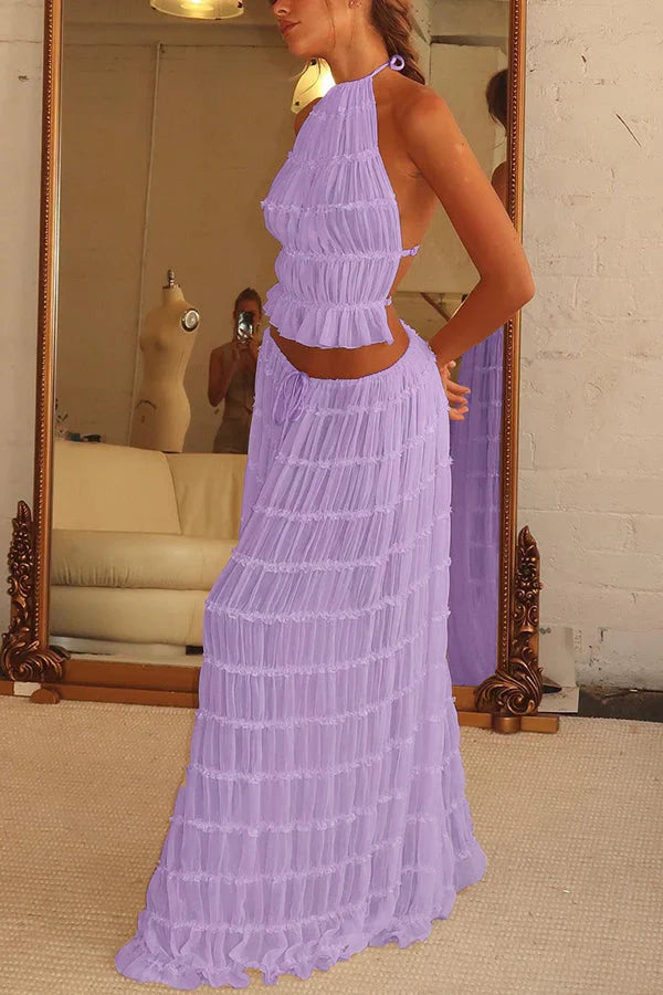 Comfortable women's flowy boho two-piece summer outfit, great for beach, casual, and festival styles.