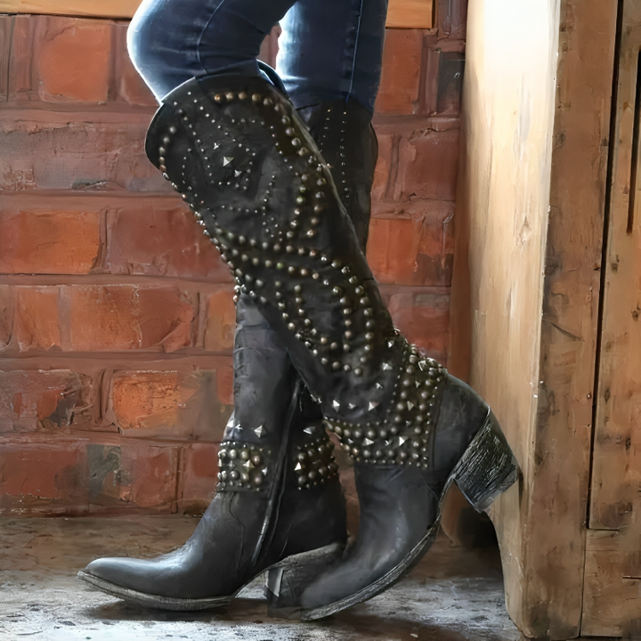 Women's stylish orthopedic winter boots. Knee-high, with a comfortable block heel and elegant pointed toe design.