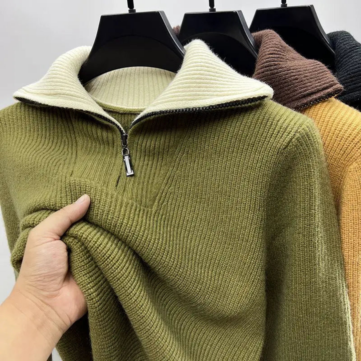 Casual men's quarter-zip long-sleeve sweater, a modern stylish pullover for versatile everyday layering.