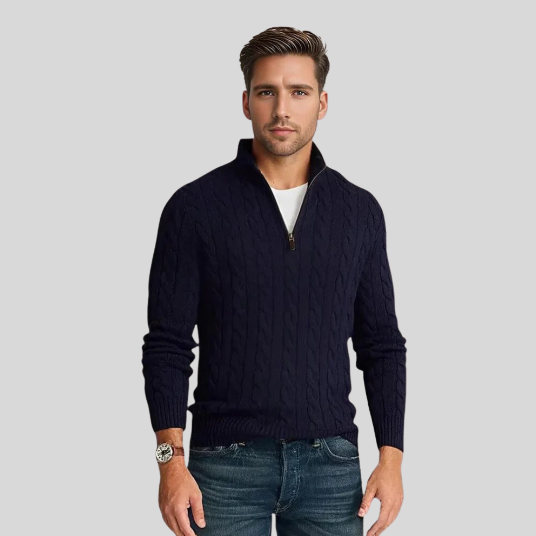 Stylish men's cable knit quarter-zip sweater, offering a comfortable fit for everyday winter fashion.