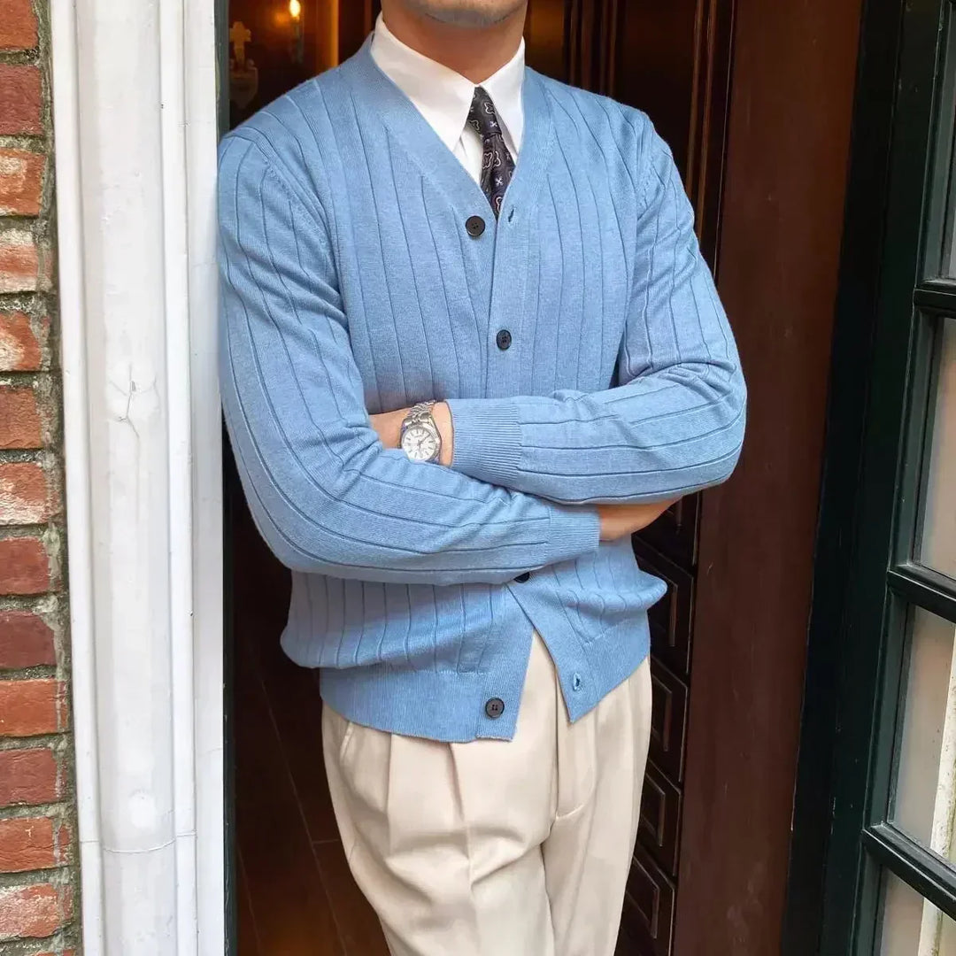 Men's classic V-neck cardigan sweater for versatile style & comfortable everyday wear.