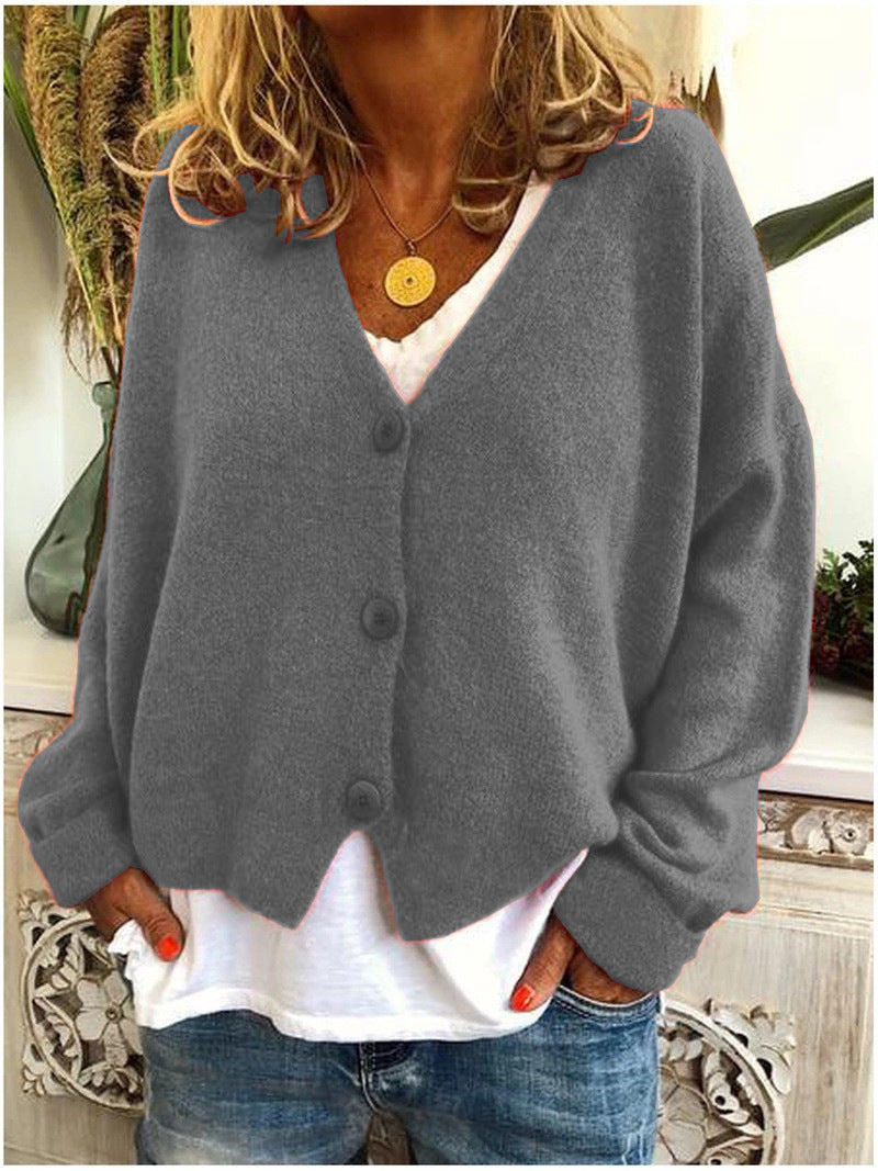 Casual women's knit V-neck cardigan, button-front, long sleeve for everyday style.