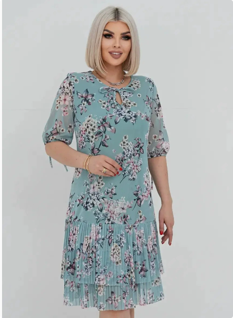 Elegant women's floral puff-sleeve tiered midi dress, perfect for spring/summer occasions & parties.