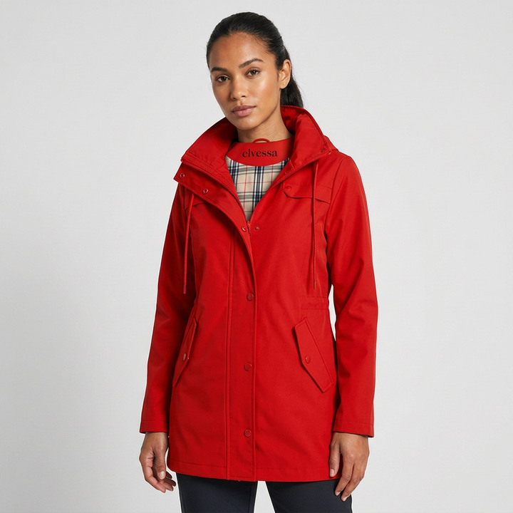 Back view of women's stylish hooded jacket, showcasing the adjustable drawstring waist and casual design.