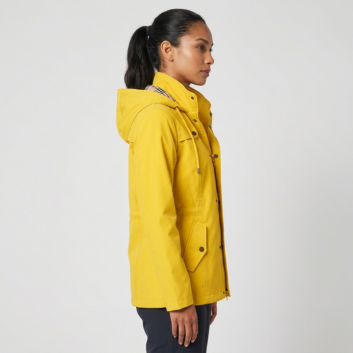 Stylish women's lightweight hooded jacket with adjustable drawstring waist and zip front, ideal for transitional weather.
