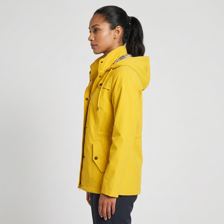 Comfortable women's casual hooded jacket, featuring a practical drawstring waist and full zip, essential everyday outerwear.