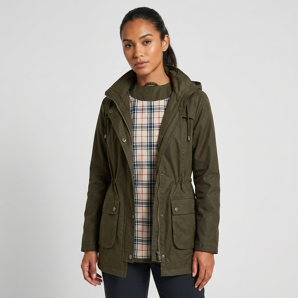 Classic women's hooded casual jacket in a neutral color, featuring a drawstring waist & front zip for daily wear.