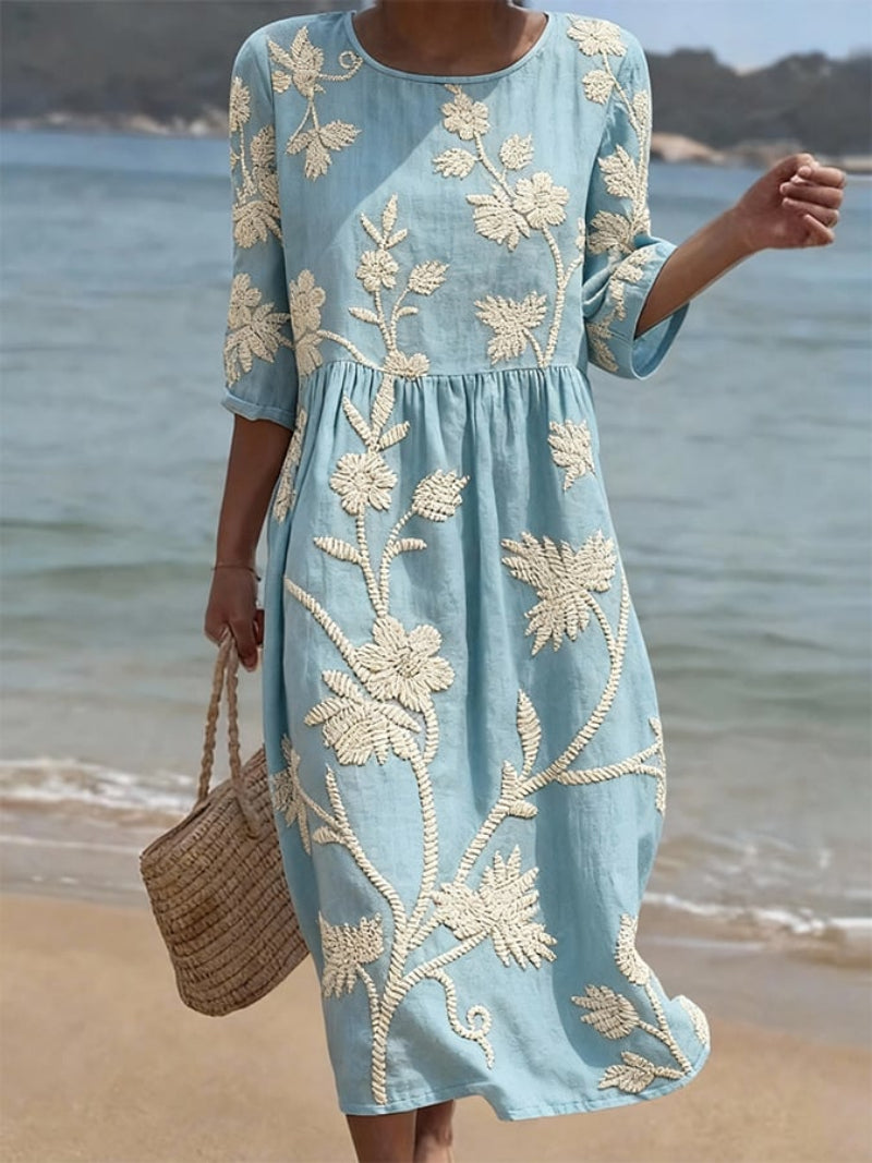 Elegant women's floral midi dress with round neck, perfect for spring/summer events. Chic sleeveless design.