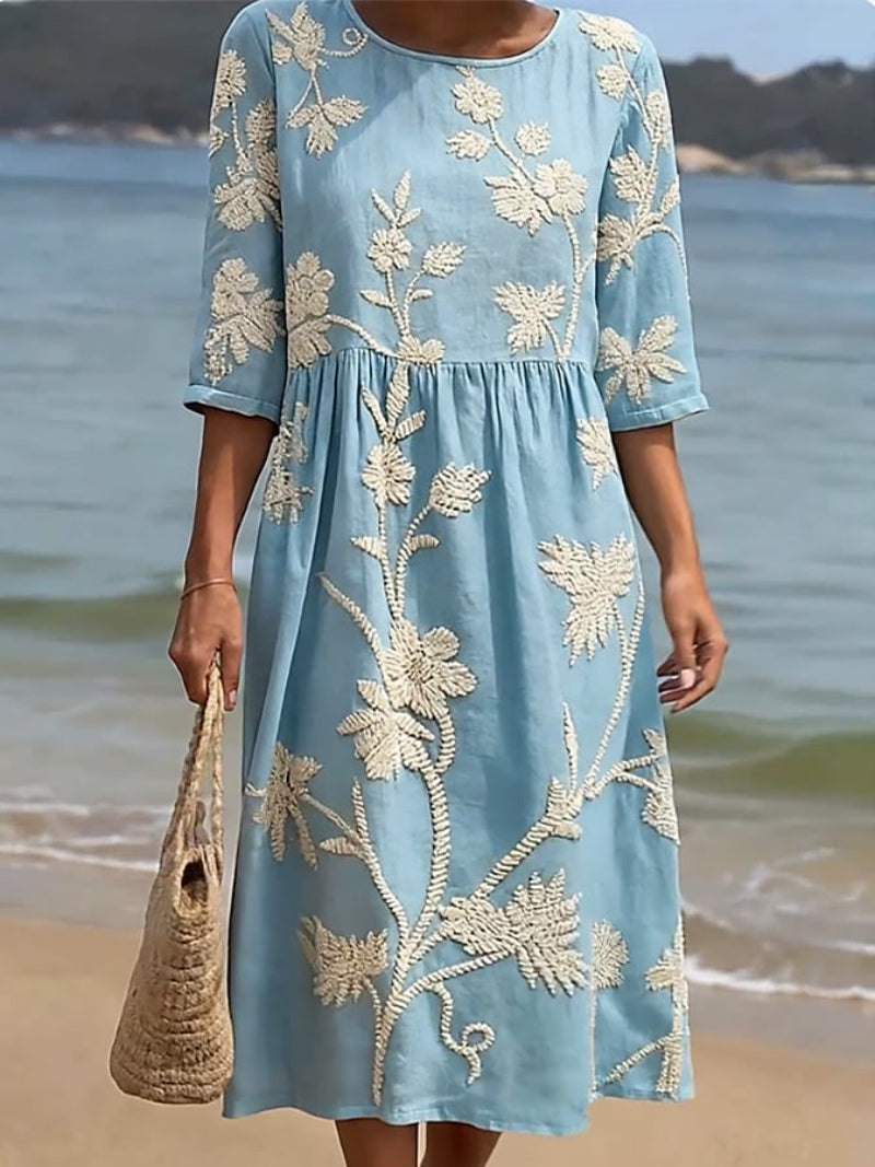Chic sleeveless floral midi dress for women, featuring a flattering round neck. Versatile for casual or elegant occasions.
