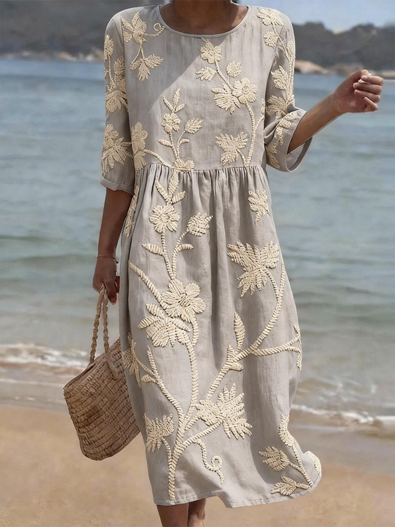 Graceful women's floral pattern midi dress, round neck, sleeveless. Flattering fit for feminine spring fashion.