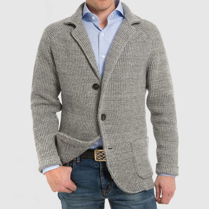 Modern men's versatile blazer, a sophisticated two-button jacket with a stylish notch lapel design.