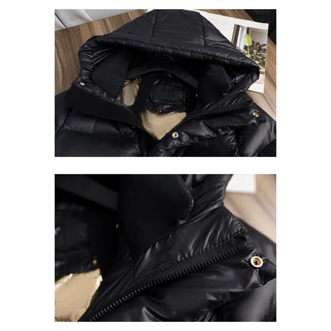 Longline women's quilted winter coat, hooded design for sophisticated style.