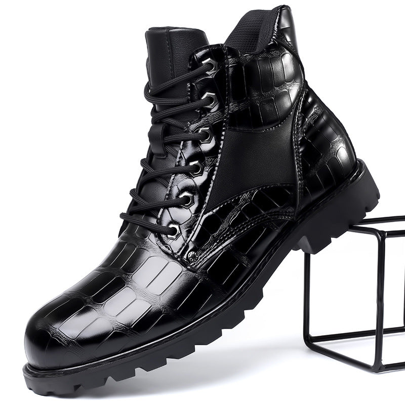 Premium men's combat ankle boots with sophisticated alligator embossed leather for a bold, fashionable statement.