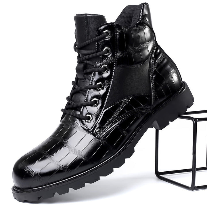 Premium men's combat ankle boots with sophisticated alligator embossed leather for a bold, fashionable statement.