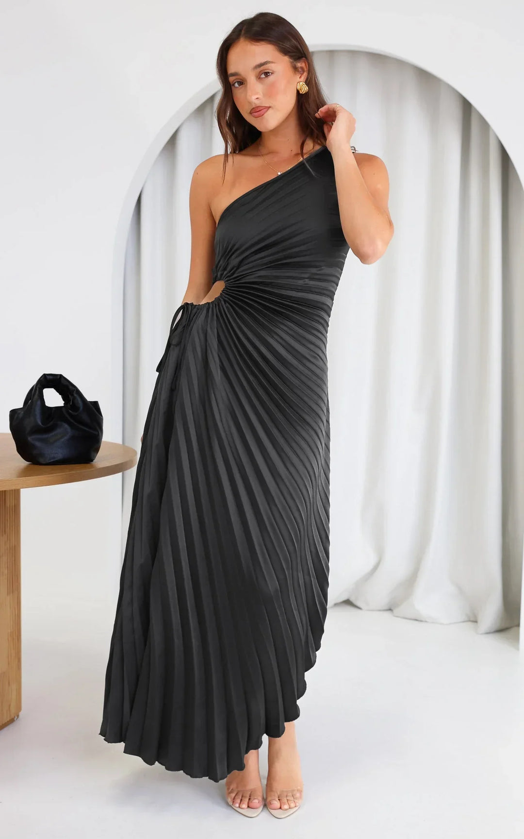 Glamorous one-shoulder pleated midi dress for women, great for cocktail parties.