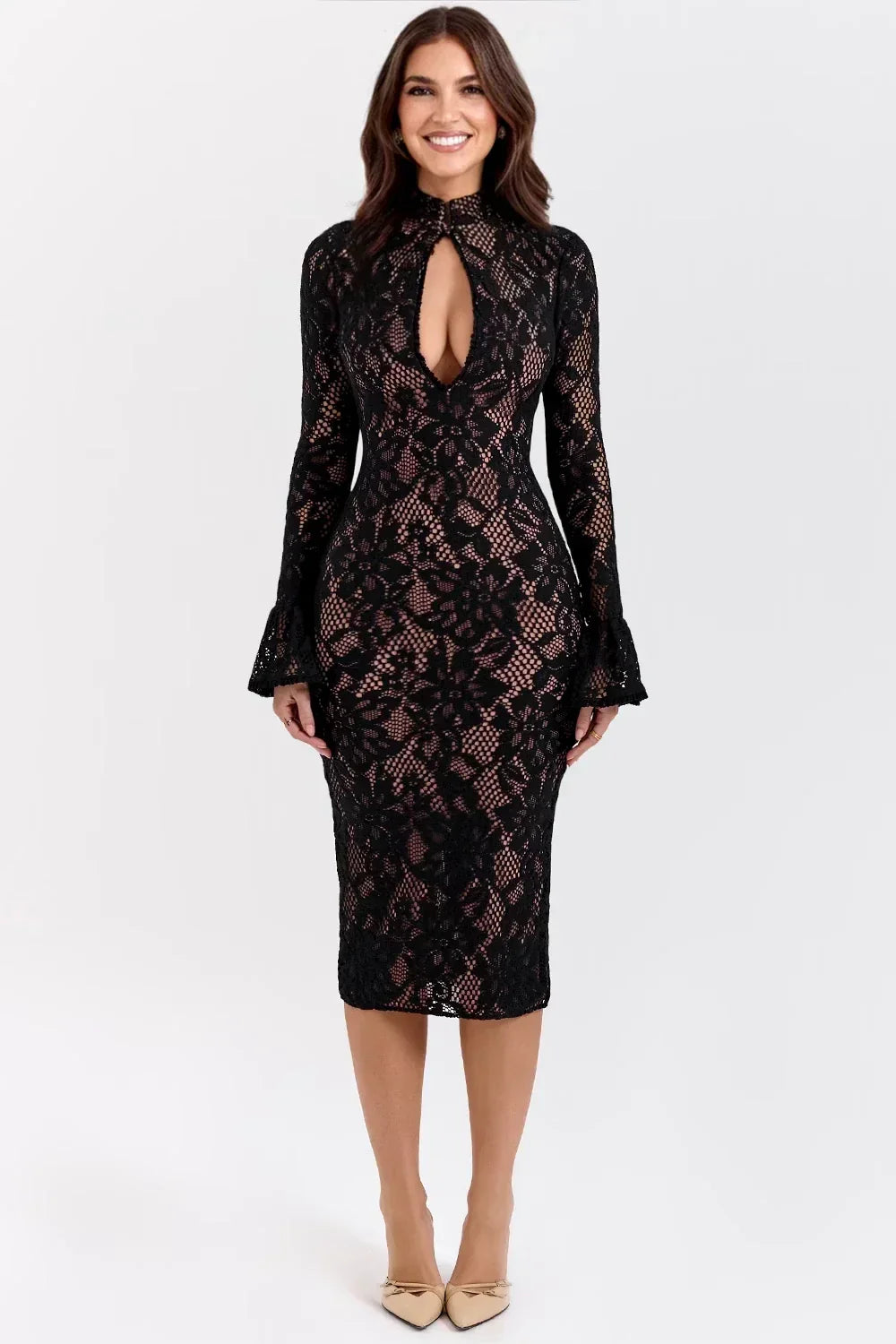Elegant women's midi dress with floral print, chic and comfortable for any special occasion.