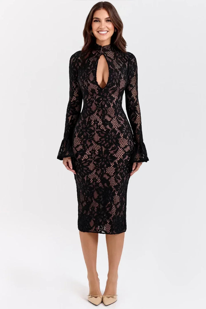 Elegant women's midi dress with floral print, chic and comfortable for any special occasion.