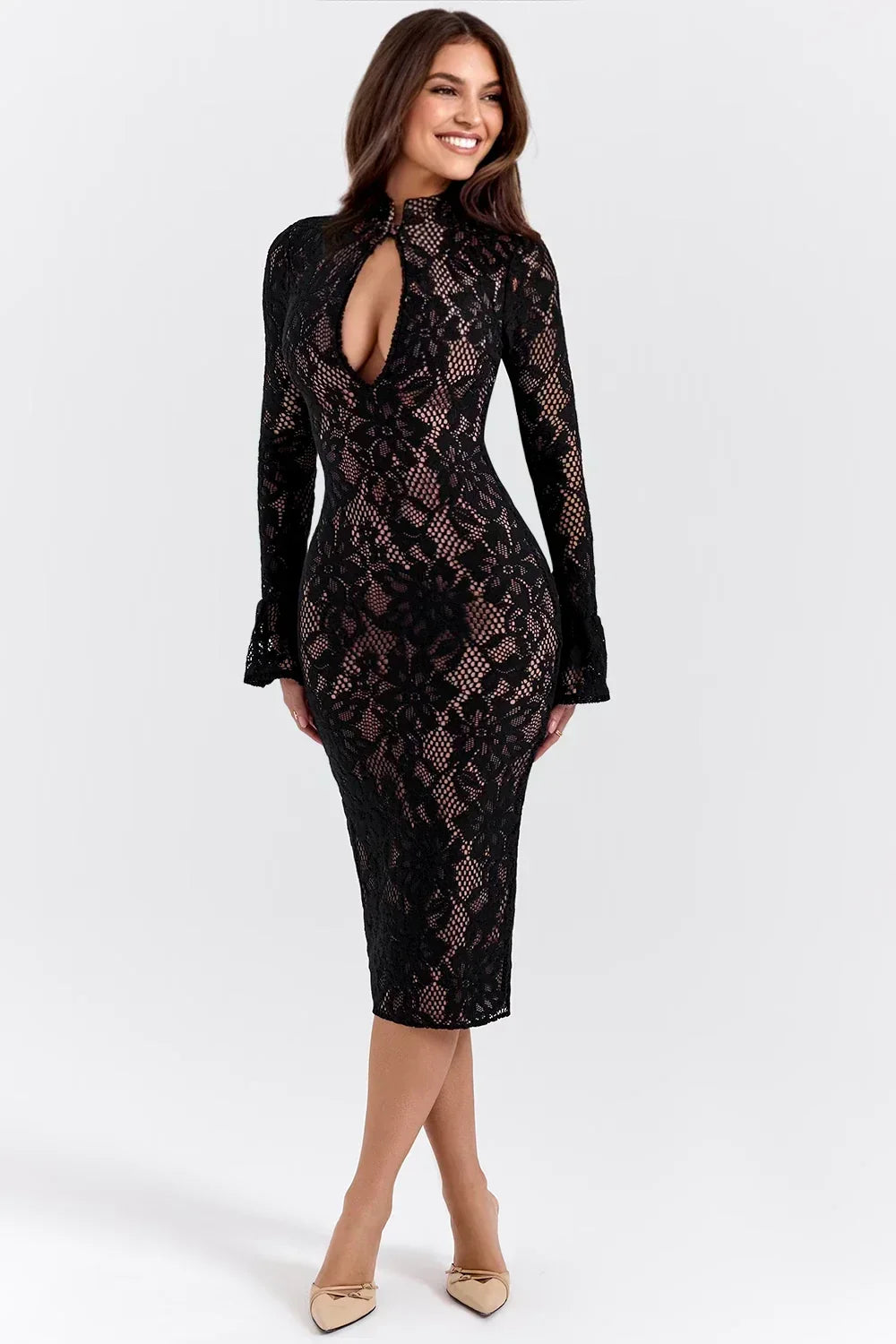 Fashionable women's floral midi dress, elegant design for special occasions, feminine & chic style.