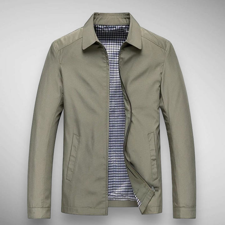 Men's fashion collared zip-up jacket with a modern plaid accent. Great for spring and autumn casual looks.