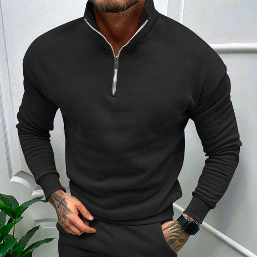 Minimalist men's half zip jumper, versatile layering top for smart casual winter fashion.