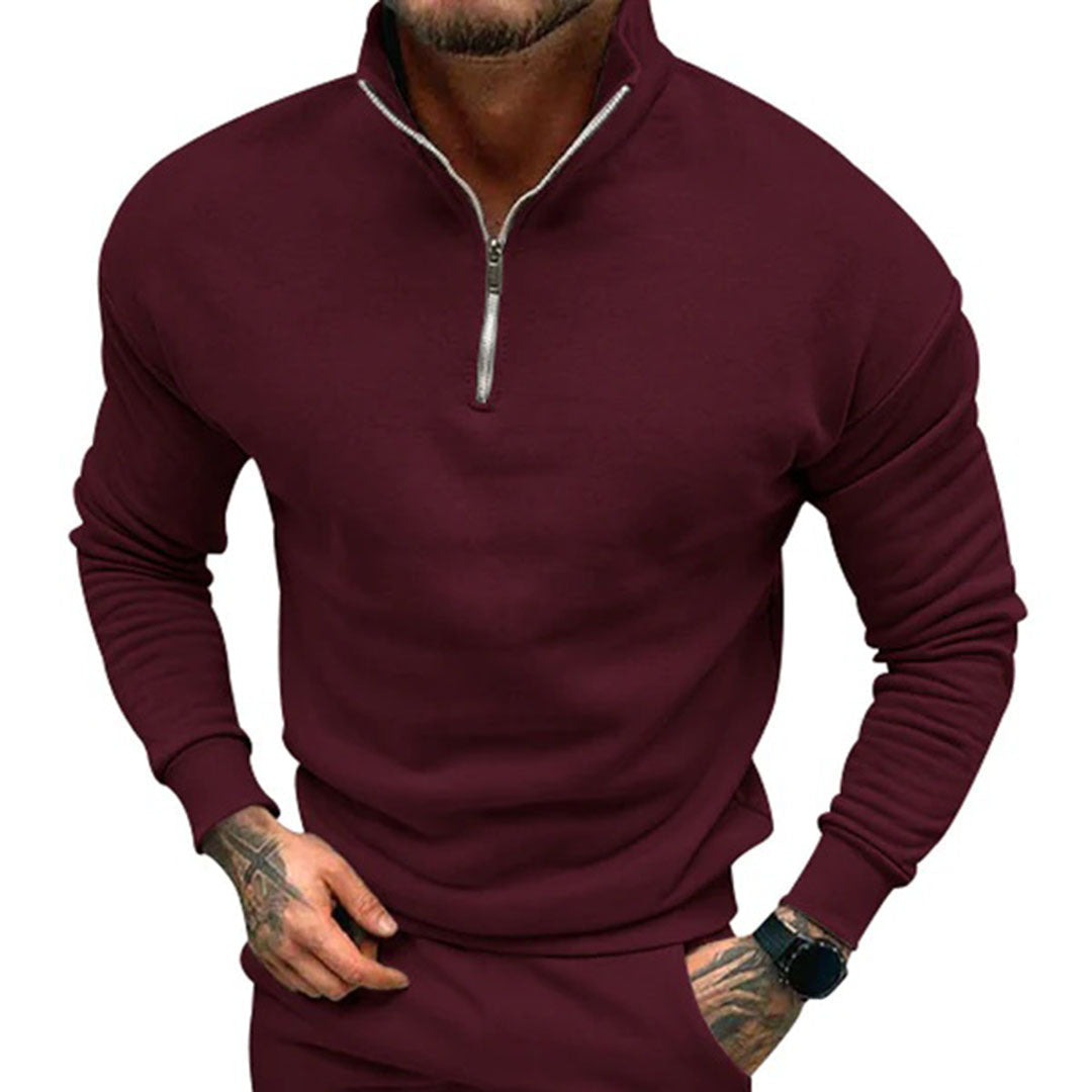 Men's half zip knit jumper, clean minimal pullover style for smart casual winter wear.