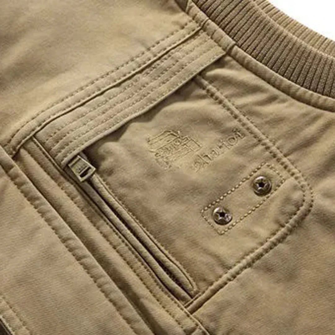 Men's multi-pocket outdoor utility vest in khaki, perfect for hiking, fishing, and travel. Made from cotton.