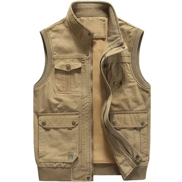 Khaki men's multi-pocket utility vest for hiking & fishing, durable cotton, sleeveless design.