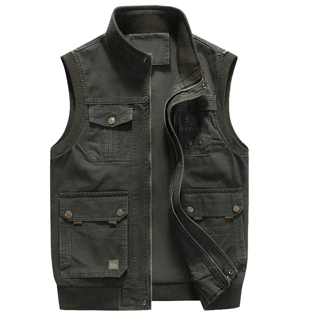 Men's sleeveless multi-pocket utility vest for hiking & fishing. Khaki outdoor travel vest with ample storage.