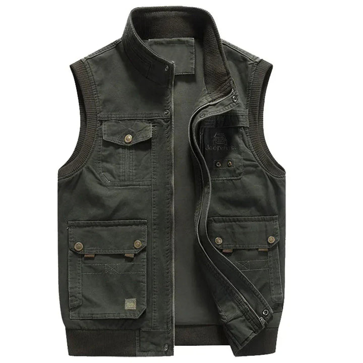 Men's sleeveless multi-pocket utility vest for hiking & fishing. Khaki outdoor travel vest with ample storage.