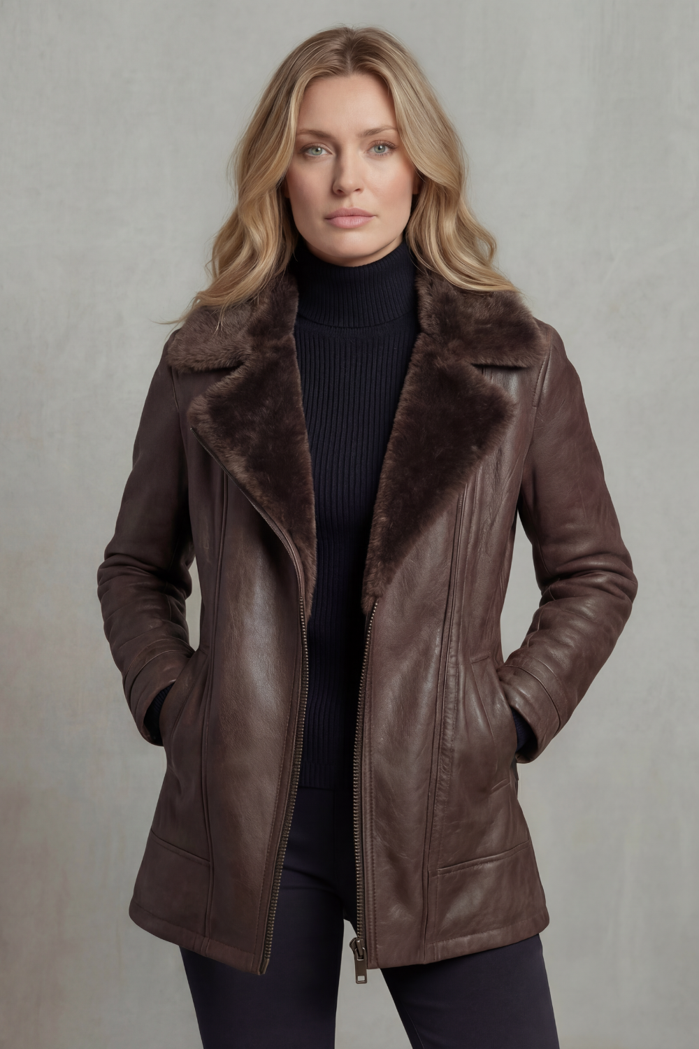 Stylish women's fashion jacket, a warm brown winter outerwear piece for elegant ladies, featuring Wynne design.