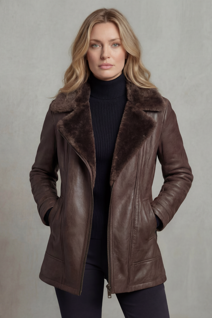 Stylish women's fashion jacket, a warm brown winter outerwear piece for elegant ladies, featuring Wynne design.