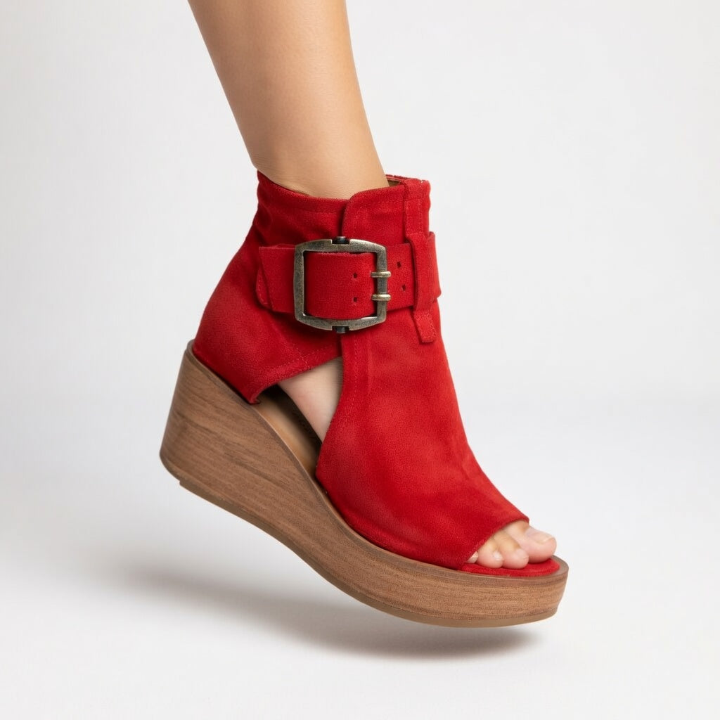 Women's stylish open toe wedge ankle boots. Comfortable, versatile fashion footwear for everyday wear.