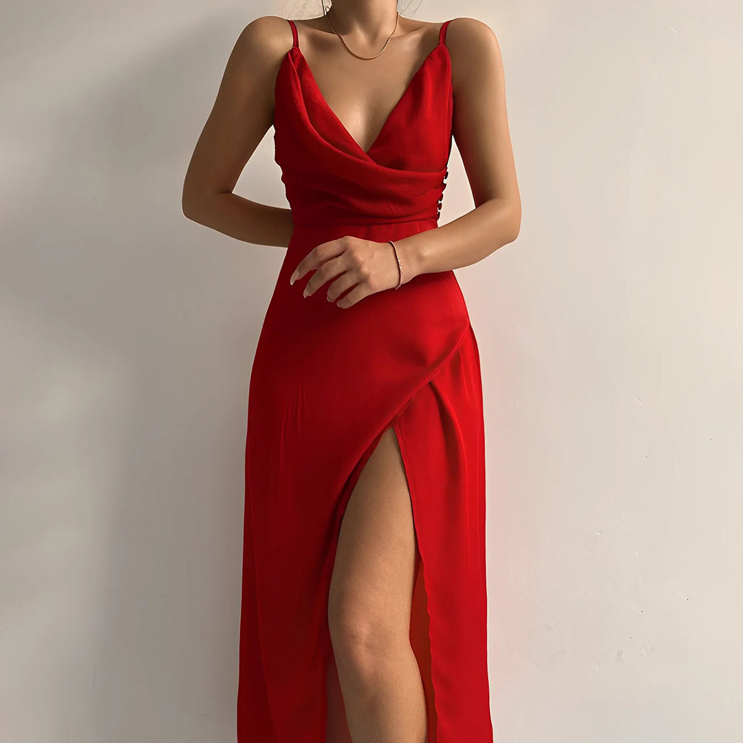 Stylish women's elegant midi dress with a flattering slit. A versatile fashion choice for any special occasion.